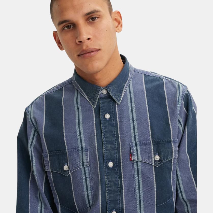 Levis Striped Loose Western Long Sleeve Shirt Men Shirts Blue A1919-0040
