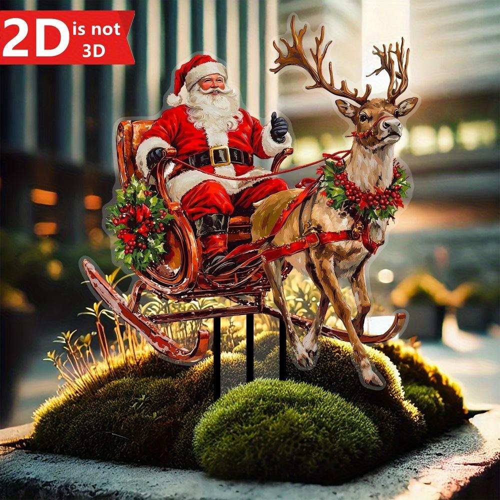 2D Santa & Reindeer Sled Garden Card. Weather-resistant Outdoor Decor for Courtyard & Flowerpots. Creative Holiday Gift.