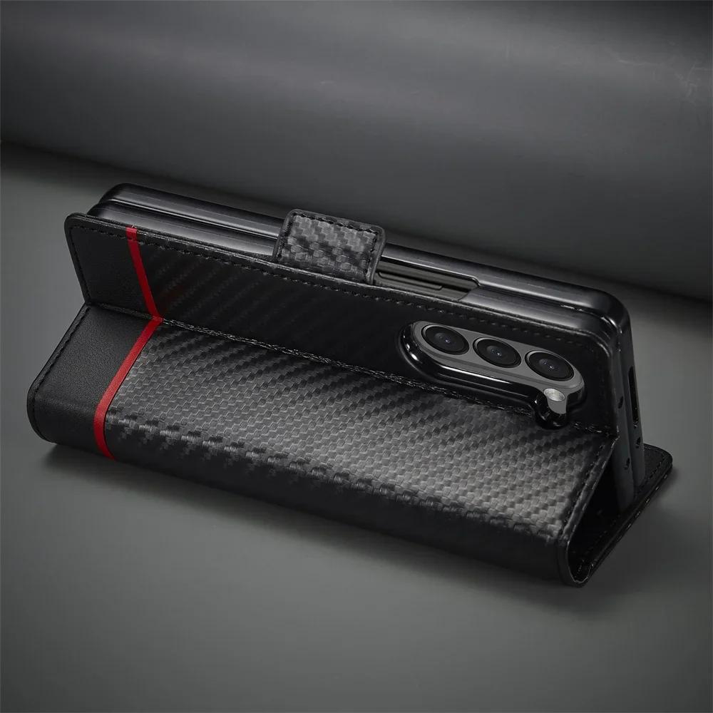 Luxury Carbon Fiber PU Leather Cover For Samsung Galaxy Z Fold 7 6 5 4 3 Fold7 Fold6 5G Phone Case Flip Wallet with Card Holder