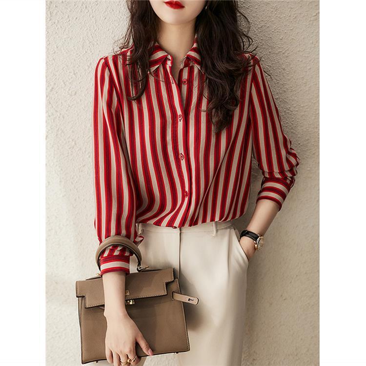 2025 Women's High-End Red Striped Shirt for Spring and Autumn: Elegant Niche Design