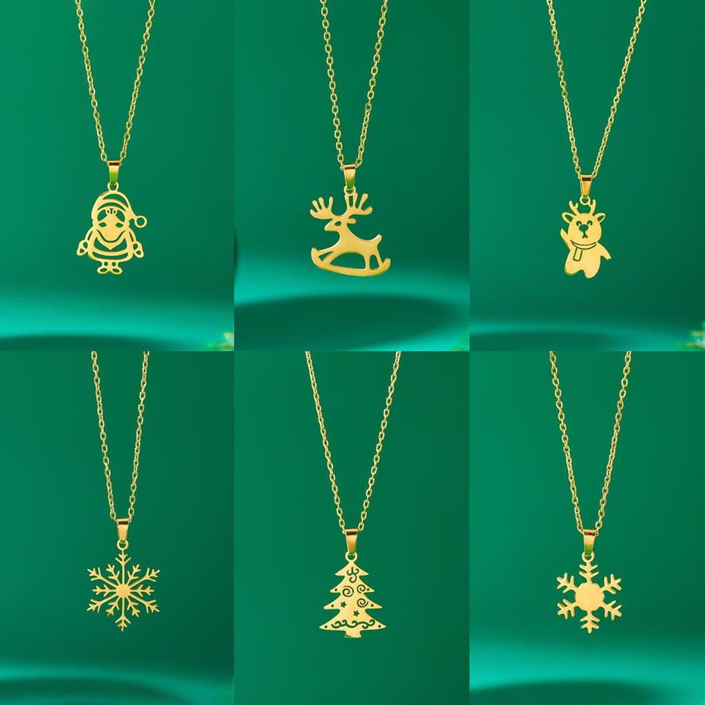 Stainless Steel Simple Christmas Necklace for Women Santa Claus Snowflake Xmas Tree Elk Pendant Clavicle Choker Party Jewelry