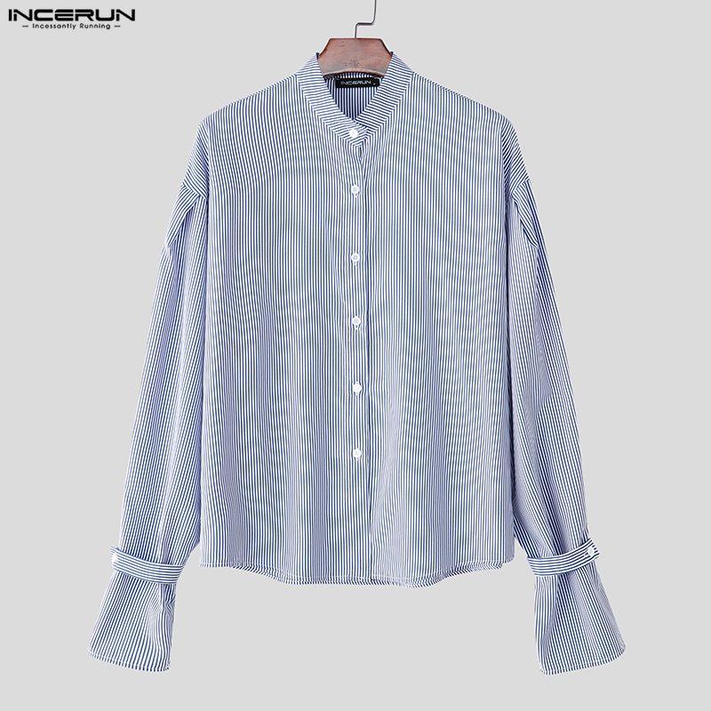 INCERUN Oversized Men Casual Loose Long Sleeve Striped Print Buttons Shirts Tops