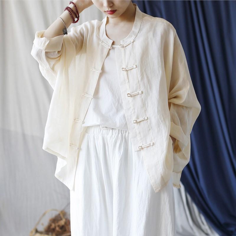 Johnature Dámské košile v čínském stylu Stojáček Dlouhý rukáv Knoflíkové topy Podzim Jednobarevné Vintage Dámské halenky