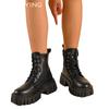 Plateau Damen Stiefeletten Mittelhohe Absätze Designerschuhe Schnürstiefel Chunky Motorradstiefel Trend Winter Goth Neu Botas De Mujer