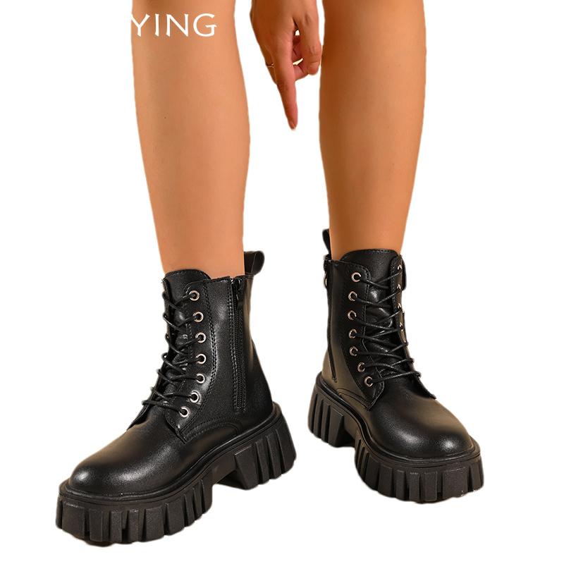 Plateau Damen Stiefeletten Mittelhohe Absätze Designerschuhe Schnürstiefel Chunky Motorradstiefel Trend Winter Goth Neu Botas De Mujer