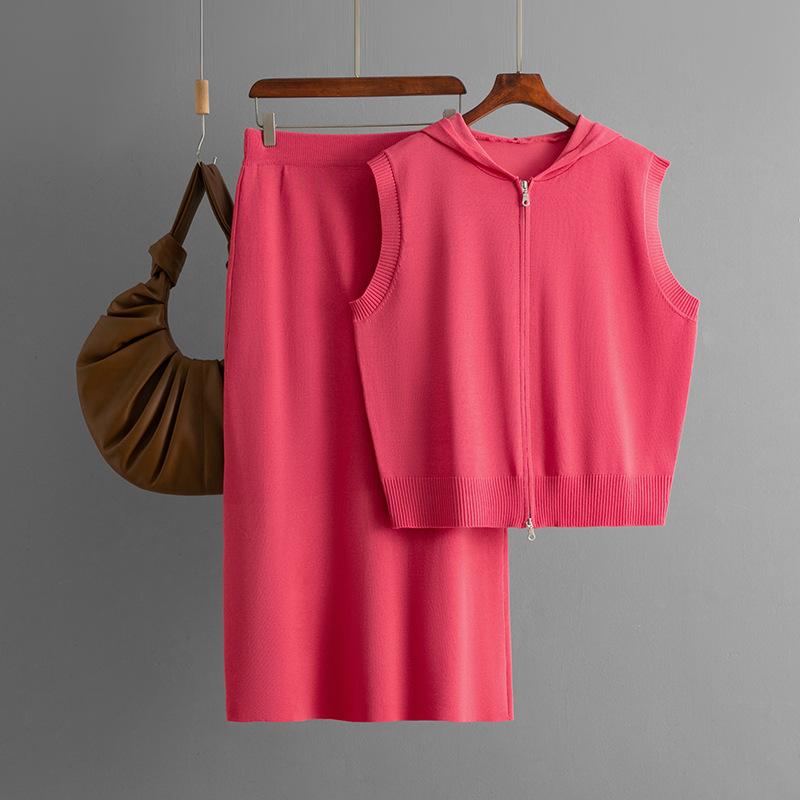 Summer new hooded knitted vest cardigan women's fashion suit skirt loose zipper two-piece set