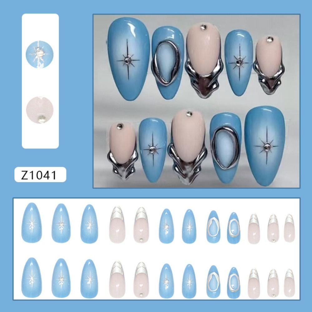24pcs French False Nails Crystal Heart White Flower Nail Tips Manicure Press On Nails  Women