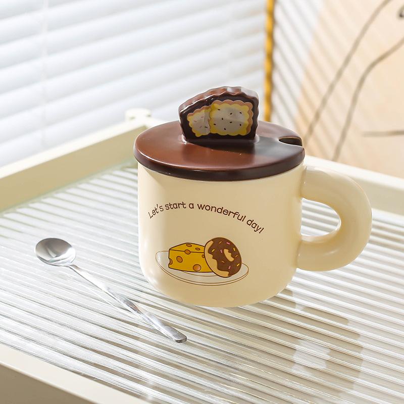 Creative Bread Ceramic Home Use Cute Cartoon Mug Mug Couple Water Cup with Lid Spoon Coffee Cup Breakfast Cup