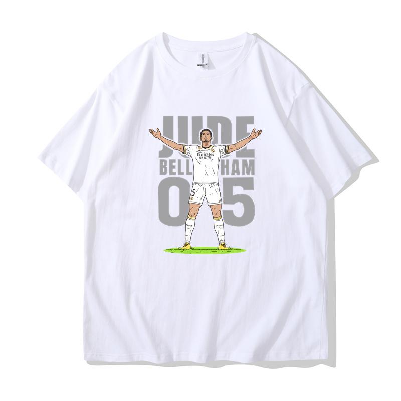 Bellingham Celebrates Action LOGO Short Sleeve T-shirt for Real Madrid Fans Commemorating The Summer Crewneck England Team