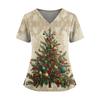 Dámský vánoční potištěný top s výstřihem do V, dvěma kapsami, krátkým rukávem, rozparkem na lemu, uniforma pro pečovatelky