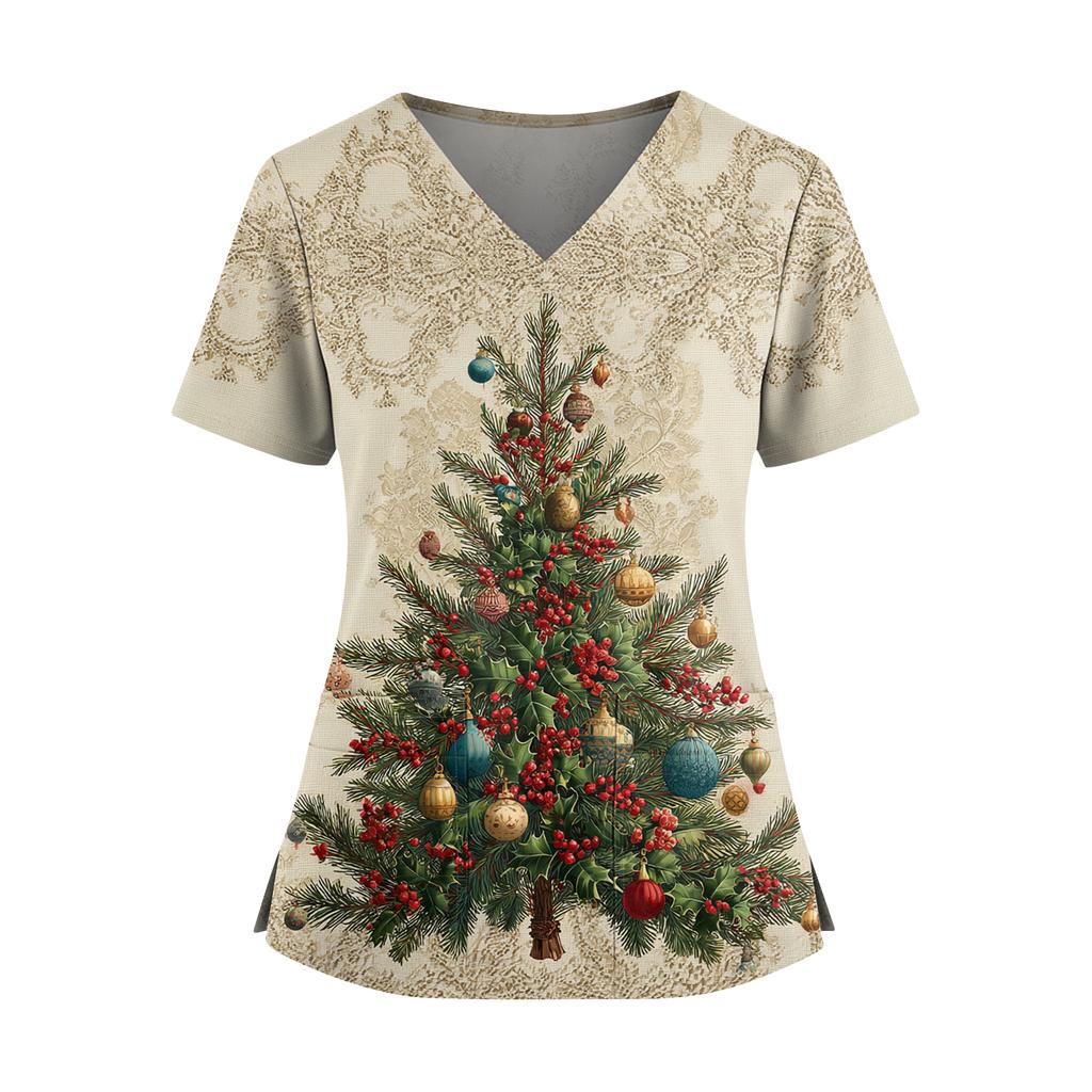 Dámský vánoční potištěný top s výstřihem do V, dvěma kapsami, krátkým rukávem, rozparkem na lemu, uniforma pro pečovatelky