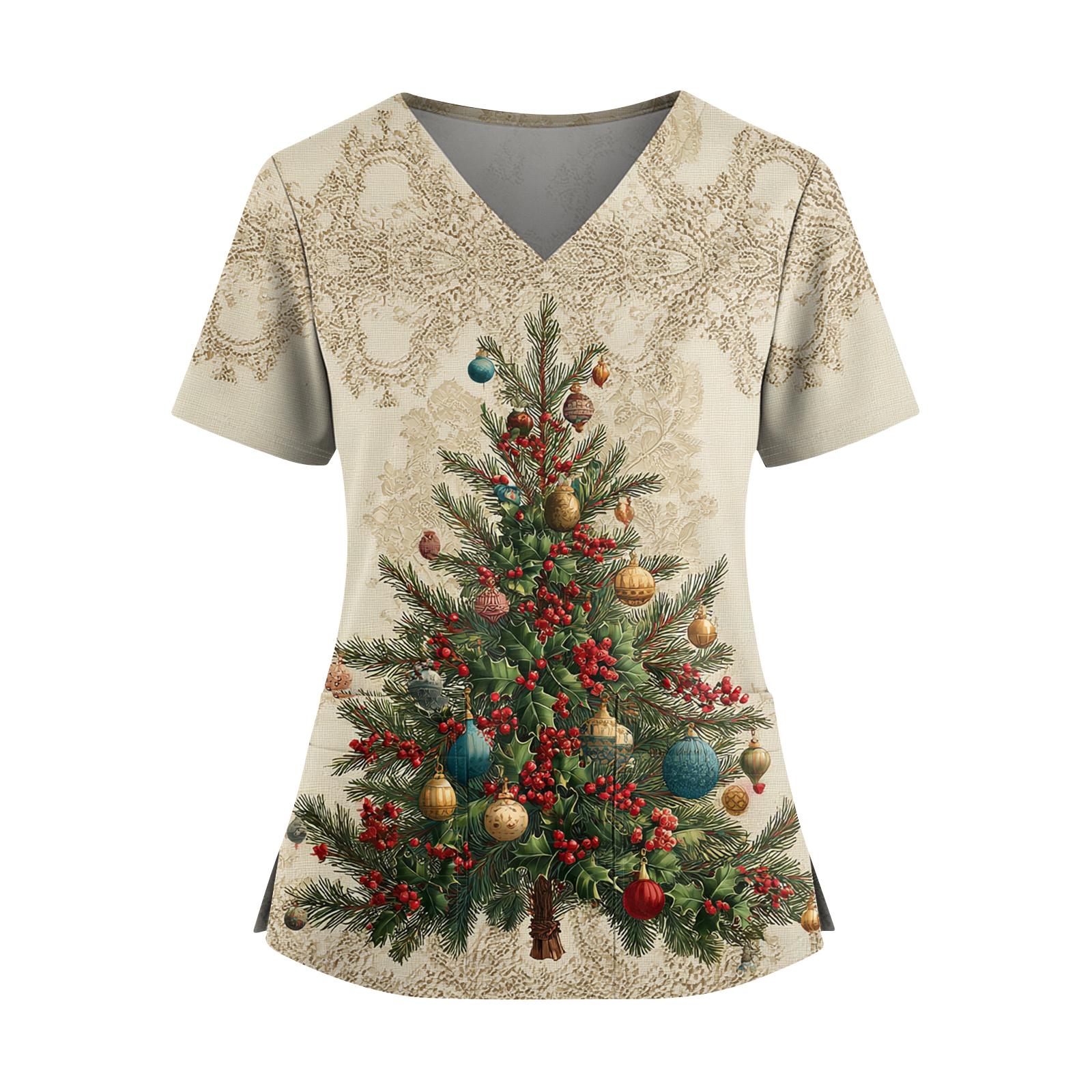 

Жіноча різдвяна футболка з принтом, V-подібним вирізом, подвійними кишенями, короткими рукавами, розрізом по подолу, уніформа доглядальниці M бежевий