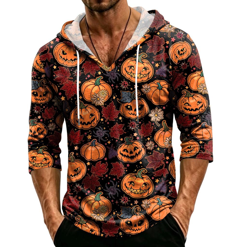 Men's Loose Fit Casual Hoodie Three Quarter Sleeve Pullover Halloween Pumpkin Pattern Lightweight Breathable Top for Everyday Wear