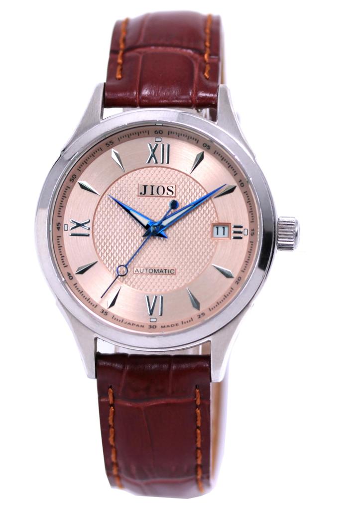 JIOS Automatic Made In Genuine Leather Sapphire Crystal Salmon Blue Brown Crocodile Embossed Men's Watch, Japan, Strap, (Biwamasu Design, Hands,