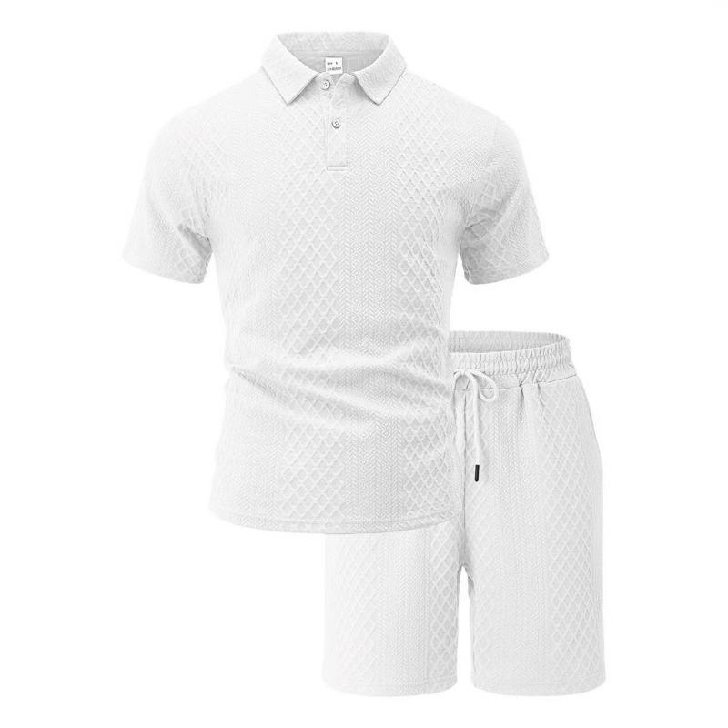 Mens Light Blue Textured Polo Shirt and Casual Shorts Set