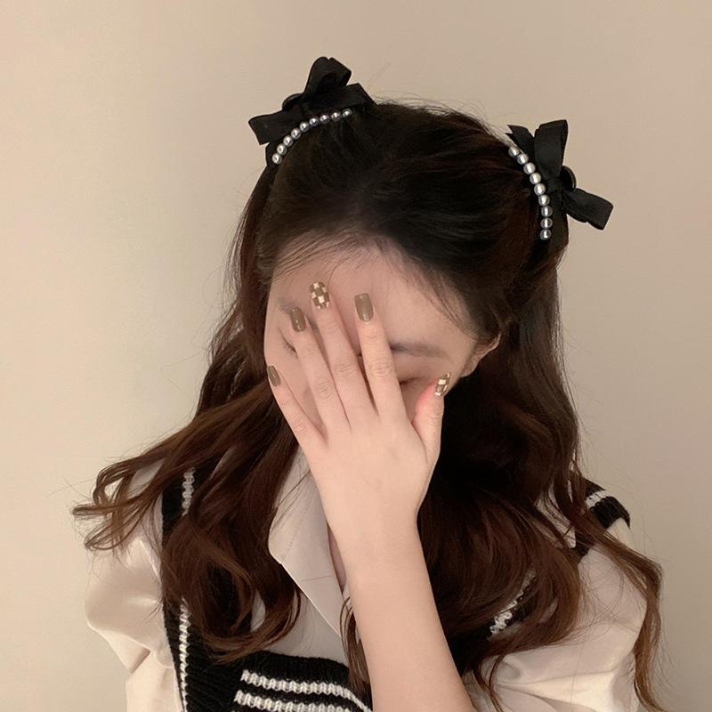 Korean pearl bow hairpin female side bangs clip forehead hairpin clip Internet celebrity small grab clip edge clip