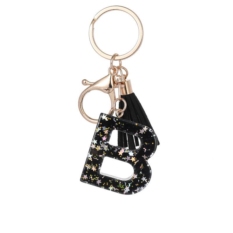 Black Glitter Star Sequins Resin 26 Letters Keychain Initials A-Z Keyring Tassel Charm Accessories Backpack Hanging Decoration