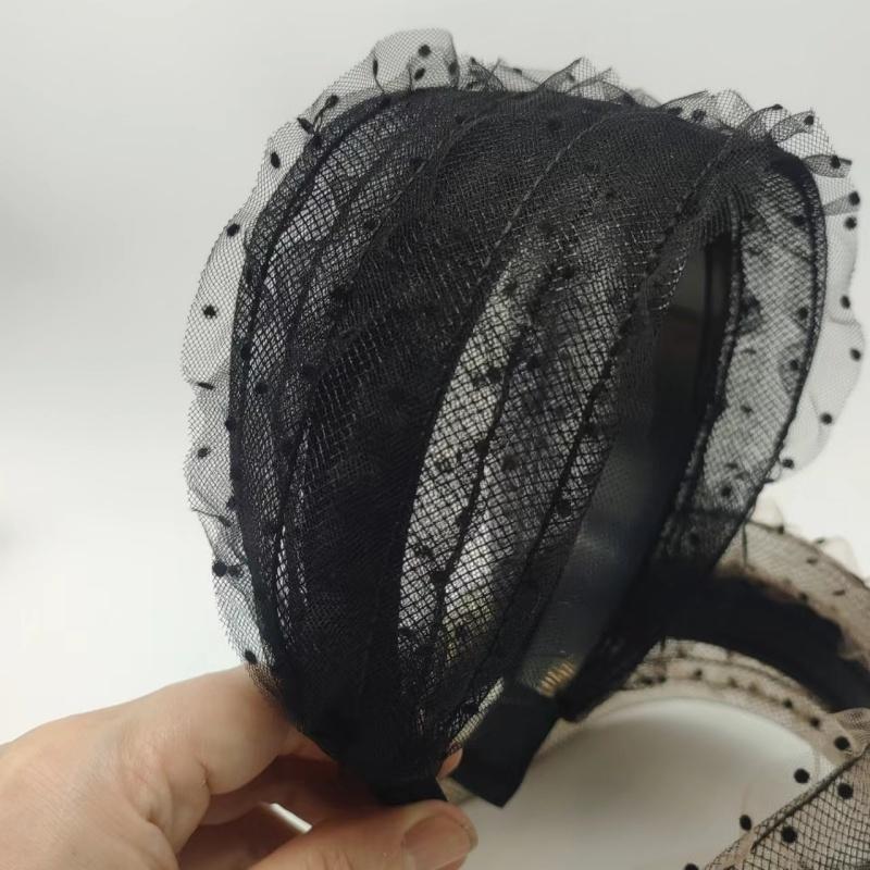 Trendy French Style Lace Wide Band Polka Dot Mesh Hollow Headband Chic and Elegant Fashionable and Romantic Hairbands for Women
