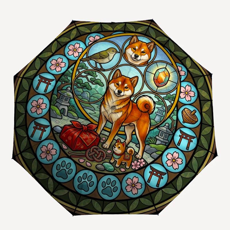 Japanese Shiba Inu Glass Pattern Umbrella, Portable and Foldable Design, 8 Ribs, a Casual Accessory for Halloween, Christmas, and Birthday Gifts.
