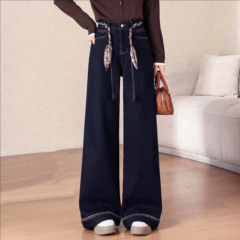 Women's Dark Blue Wide-Leg Jeans - Loose, Floor-Length, Stylish & Versatile for Spring, Autumn, Winter 2026.