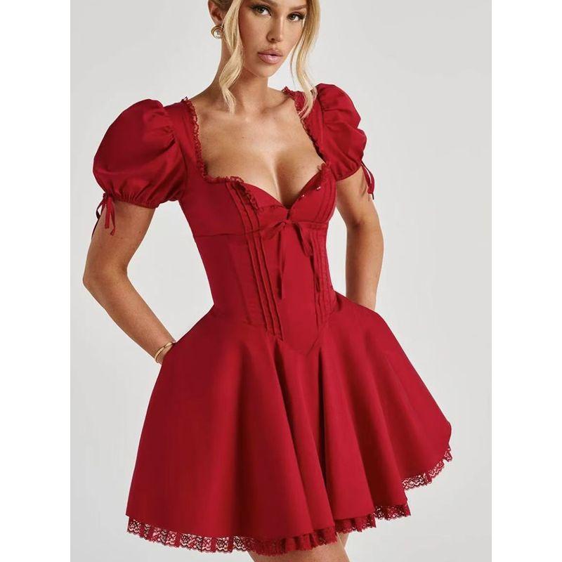 Ballet Hymn Babyboo French Style Sweet Red Square Collar Lace Waist Hugging Slimming Puff Sleeve Dress