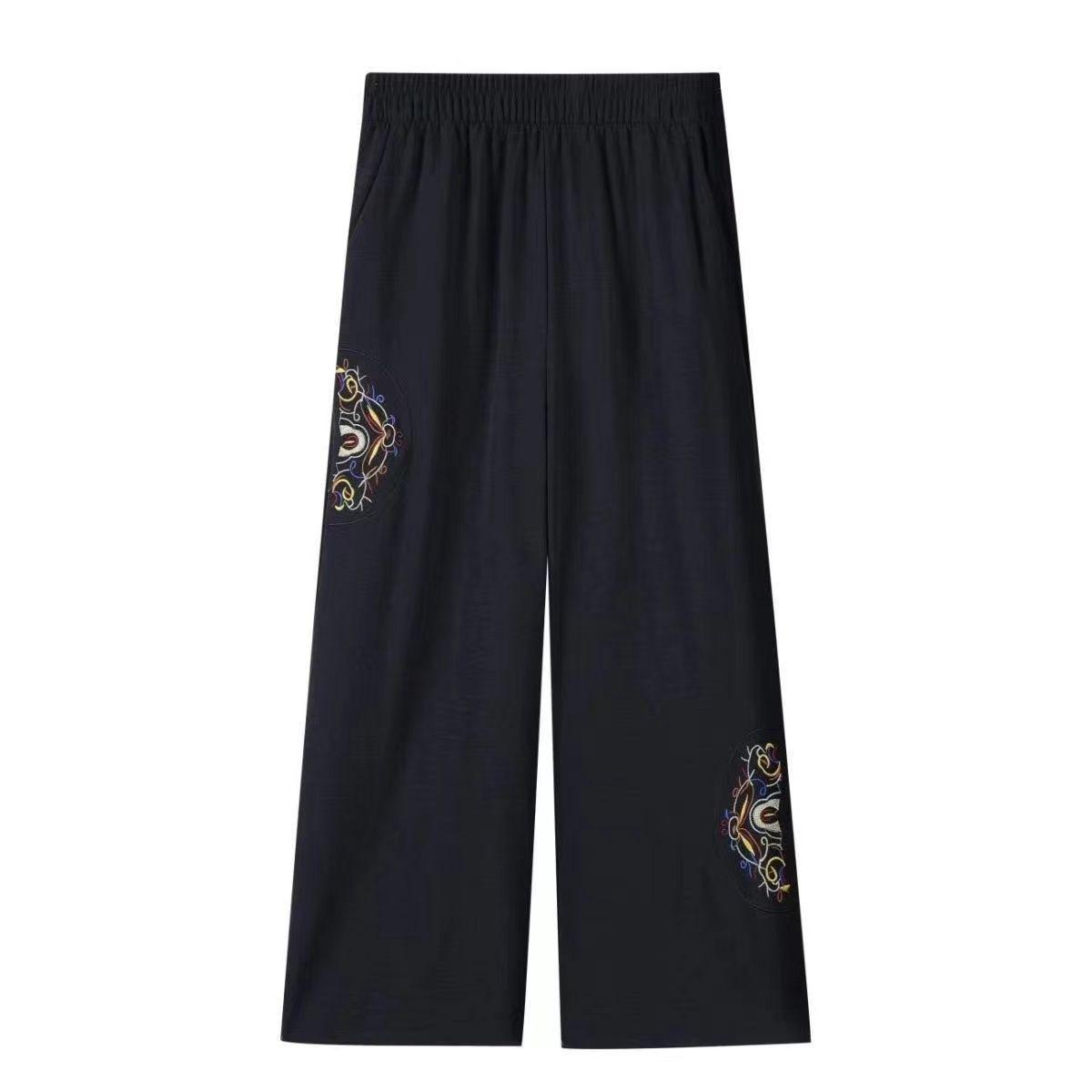 

Летние хлопково-льняные повседневные женские брюки для женщин среднего и пожилого возраста, тонкие вышитые брюки с широкими штанинами, свободные укороченные брюки 5XL чёрный