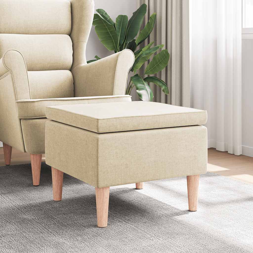 Footstool with Wooden Legs Cream Fabric
