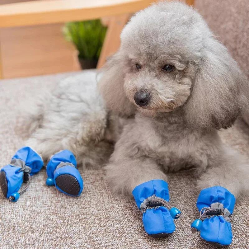 4pcs/set Waterproof Dog Boots Plush Dog Shoes Anti-slip Rain Boots Footwear Small Cat Dog Puppy Pet Booties Pet Paw Accessories