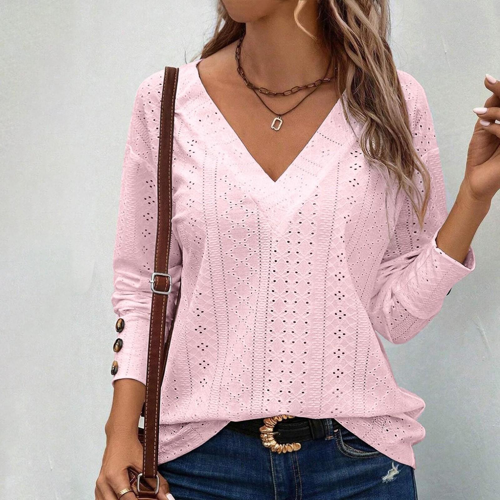 

Женские топы, повседневные рубашки с V-образным вырезом, длинными рукавами и пуговицами XXL розовый