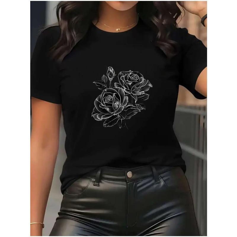 

Womens White Night Shirt Black White Rose Floral Print Round Neck Short Sleeve Breathable Soft Machine Washable All Season 4XL чорний