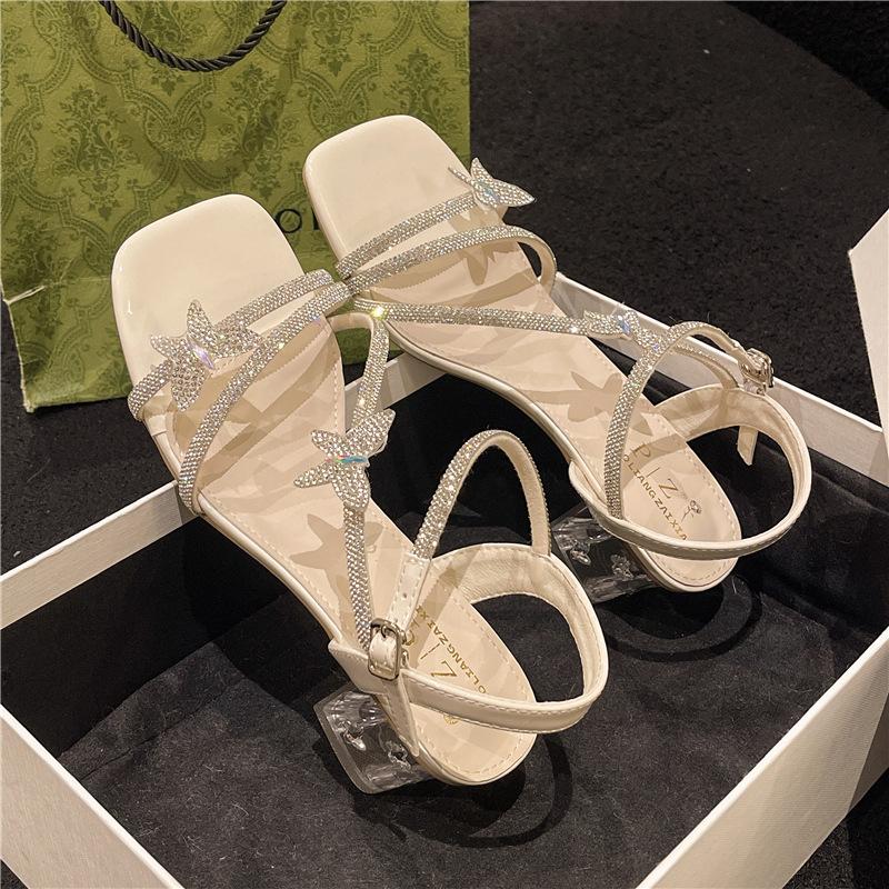 Silver rhinestone sandals women's 2025 new summer with skirt thick heel open toe beautiful bow crystal high heels