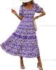 2 New bubble sleeve pleated backless printed high waist short sleeve dress women