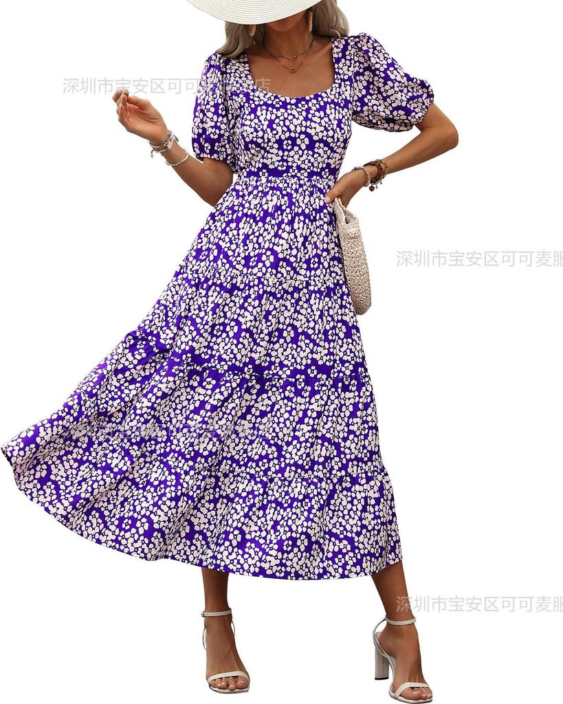 2 New bubble sleeve pleated backless printed high waist short sleeve dress women