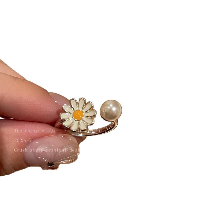 Little Daisy Pearl Adjustable Ring - Women's Mori Style Sweet Fresh Design, Stacking Index Finger Jewelry