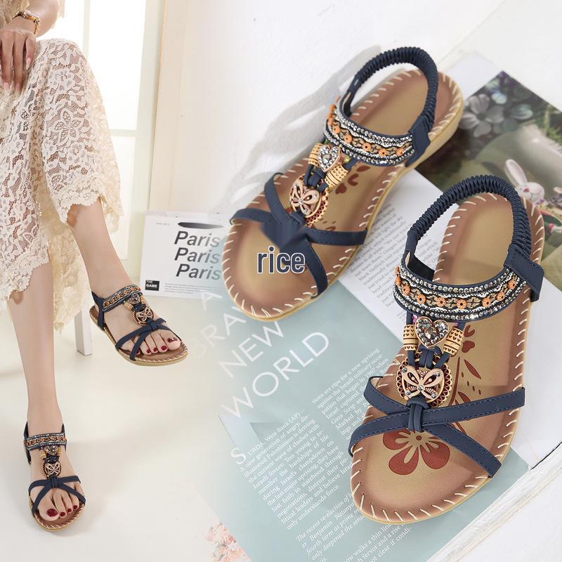 Bohemian Plus Size Rhinestone Flower Sandals - Spring 2025 Beach Open Toe