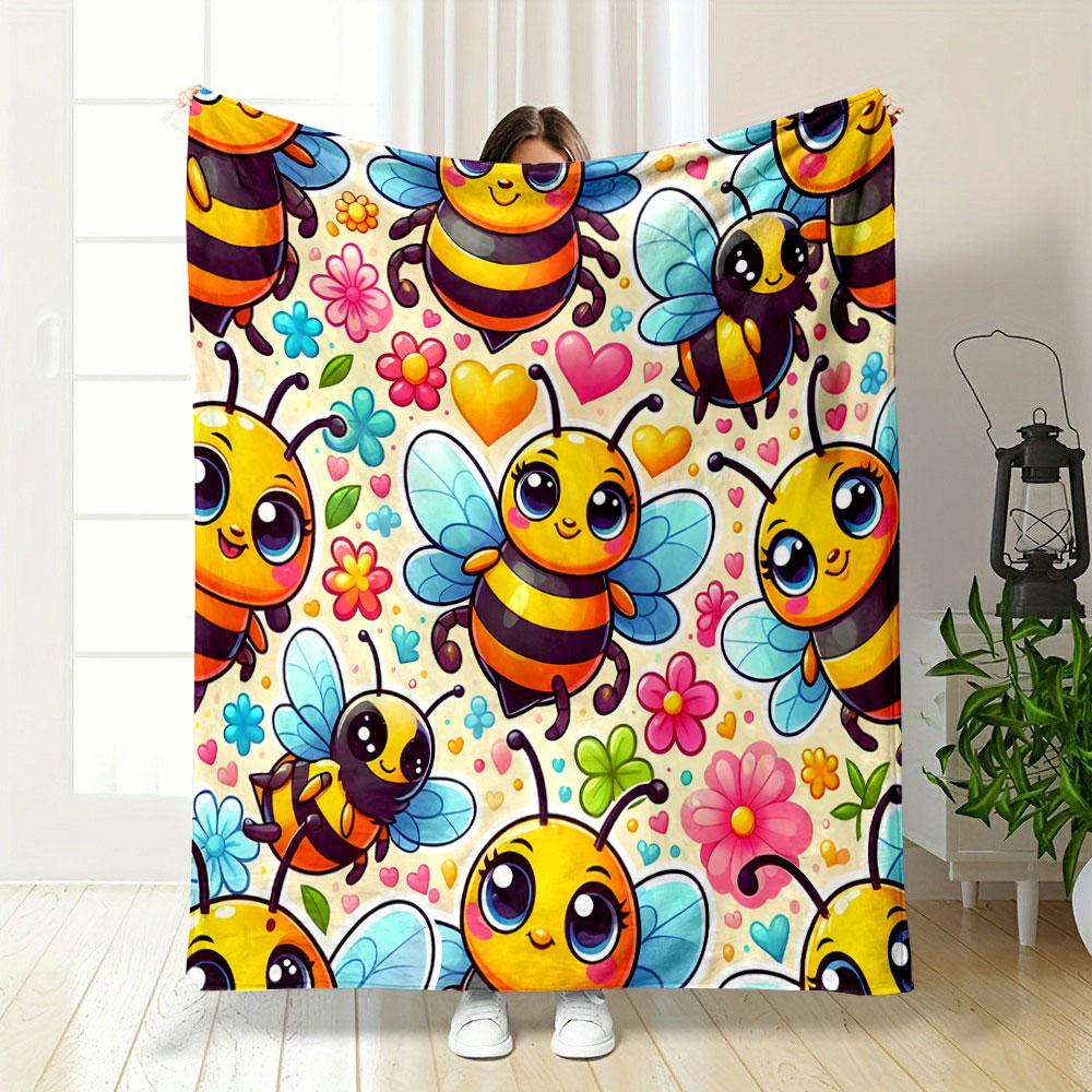 Cute Cartoon Bees with Hearts & Flowers Patterned blanket, flannel, suitable for all seasons, home decor, warm and cozy