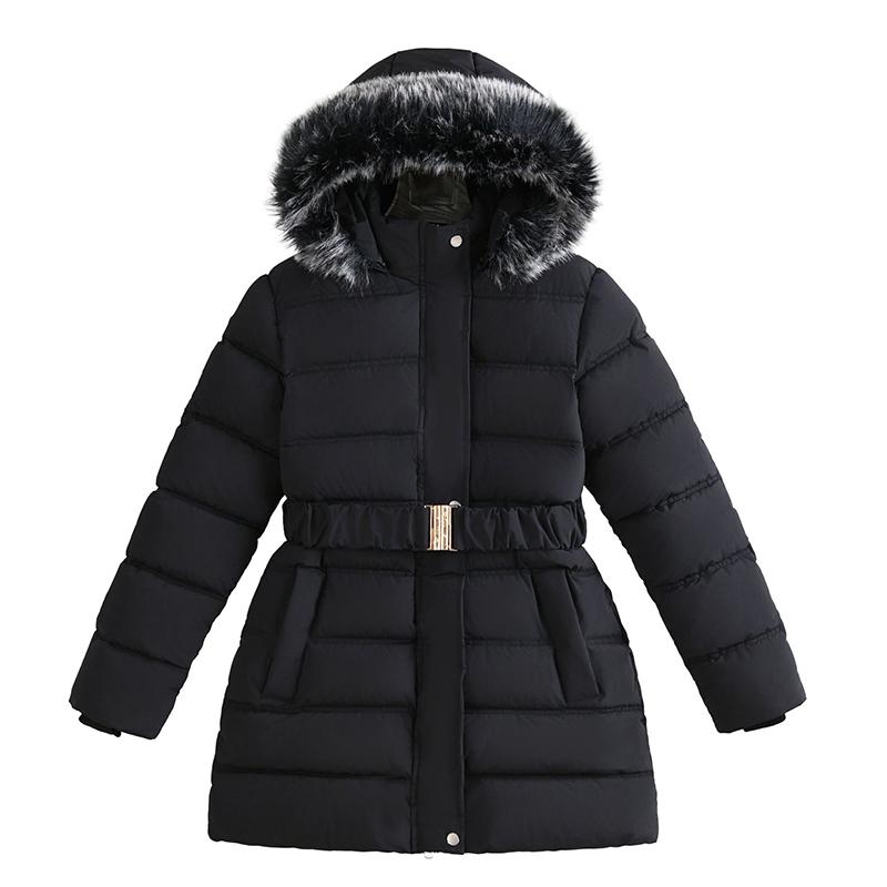

Winter Long Style Teen Girls Jacket Solid Color Slim Fit Fashion Detachable Hat Big Fur Collar Hooded Keep Warm Coat Kids 150cm