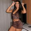 Women Sexy Leopard Print Halter Vest Bodycon Mini Skirt Two Piece Set