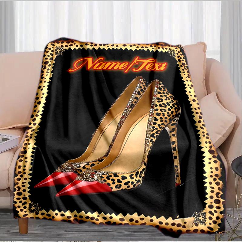 1PC Custom Name Luxury Leopard Heels outdooor Flannel blankets Throw Blanket All-Season Throw Gift Bedspread for Couch, Bed, Camping Holiday Birthday