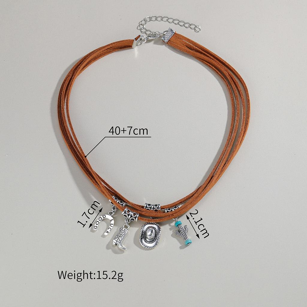 Vintage Western Style Multi Layer Pendant Necklace for Women and Girls in Brown Leather with Sophisticated Accents