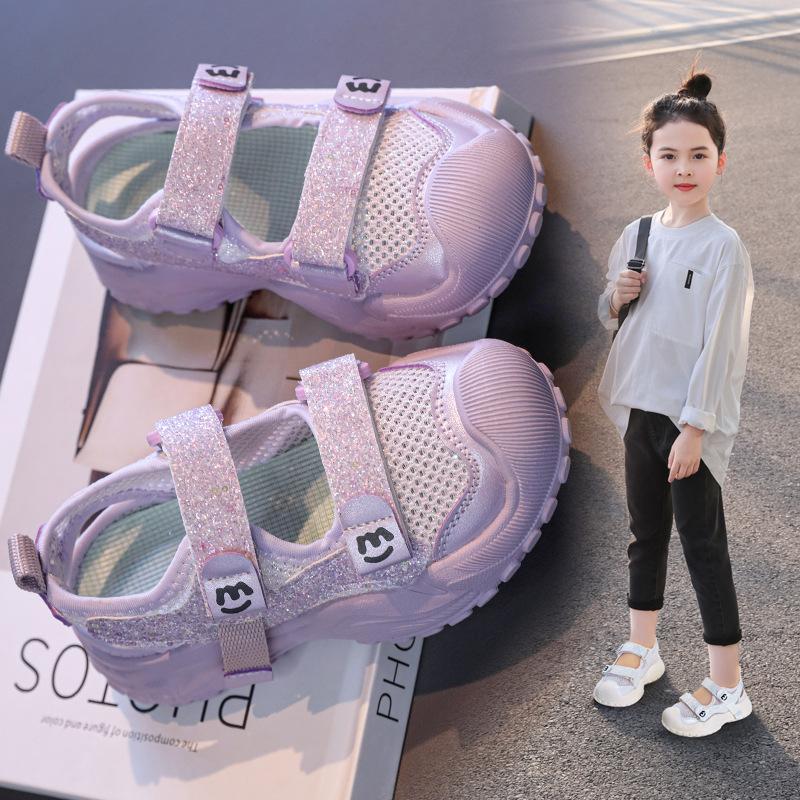Children's Sparkling Princess Sports Sandals2026New Summer Solid Color Single Mesh Hollow Velcro Casual Shoes