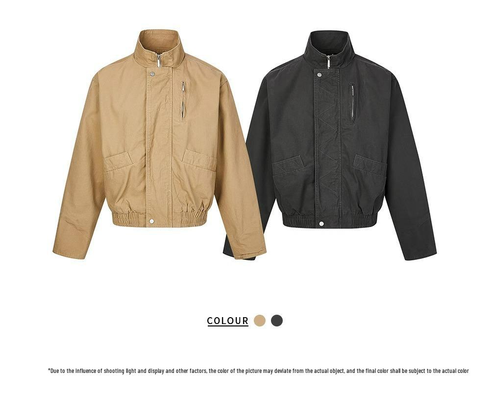 Unisex Harajuku Style Stand-up Collar Jacket - Versatile Solid Color Workwear for Spring/Autumn