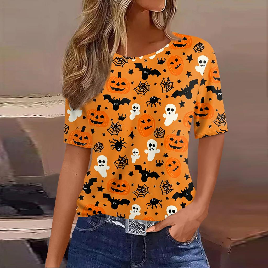 Women's Casual Short Sleeve Pullover Top Halloween Print Bat Pumpkin Ghost Spider Web Round Neck Shirt