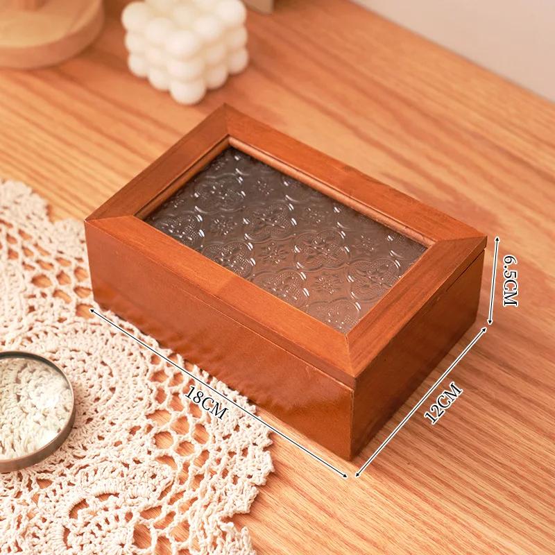 Lock storage Retro new Chinese solid wood desktop storage box Stationery box Dust-proof crabapple flower glass jewelry storage b