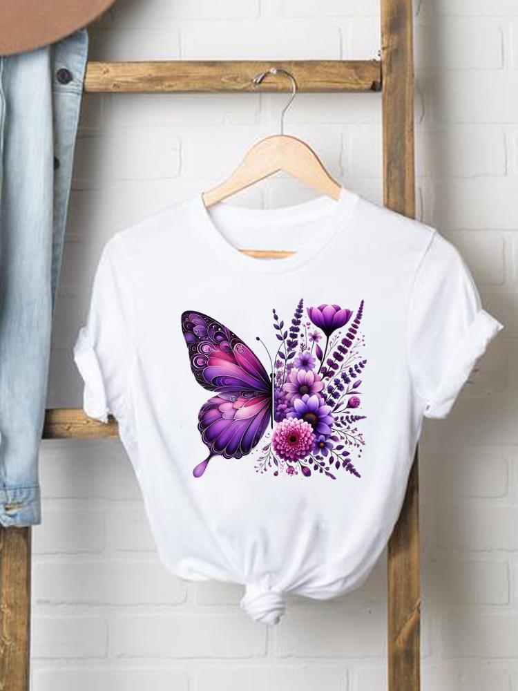 (Asiatische Größe) Blume Schmetterling süß 90er Jahre Frau Druck Damenbekleidung Kurzarm T-Shirt Mode Tee Top Damen Grafik-T-Shirts