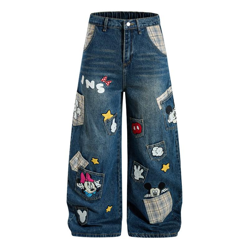 Unisex Vintage College Style Washed Denim Jeans With Embroidered Cartoon Motif Loose Straight Cut Casual Pants