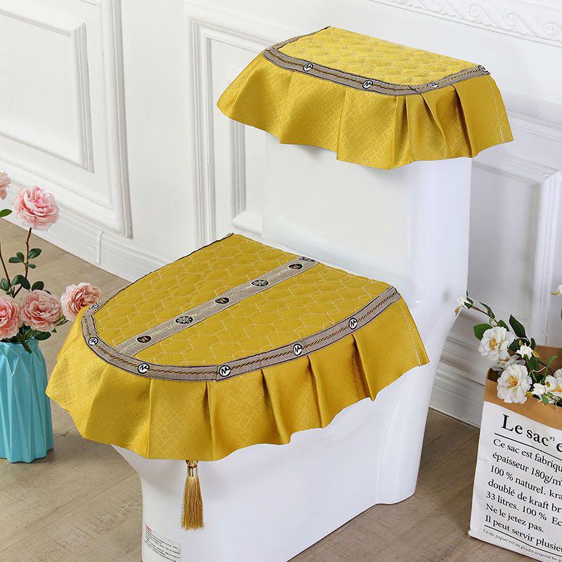 Universal European Style Double-Sided Toilet Seat Cover Set with Zippered Lace Fabric - All Seasons, Three-Piece Set.
