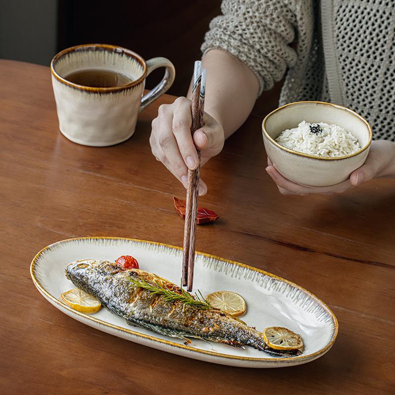 12-Inch Oval Fish Plate Retro Kiln-Changed Ceramic Fish Plate Household Steamed Fish Plate Sushi Plate Export