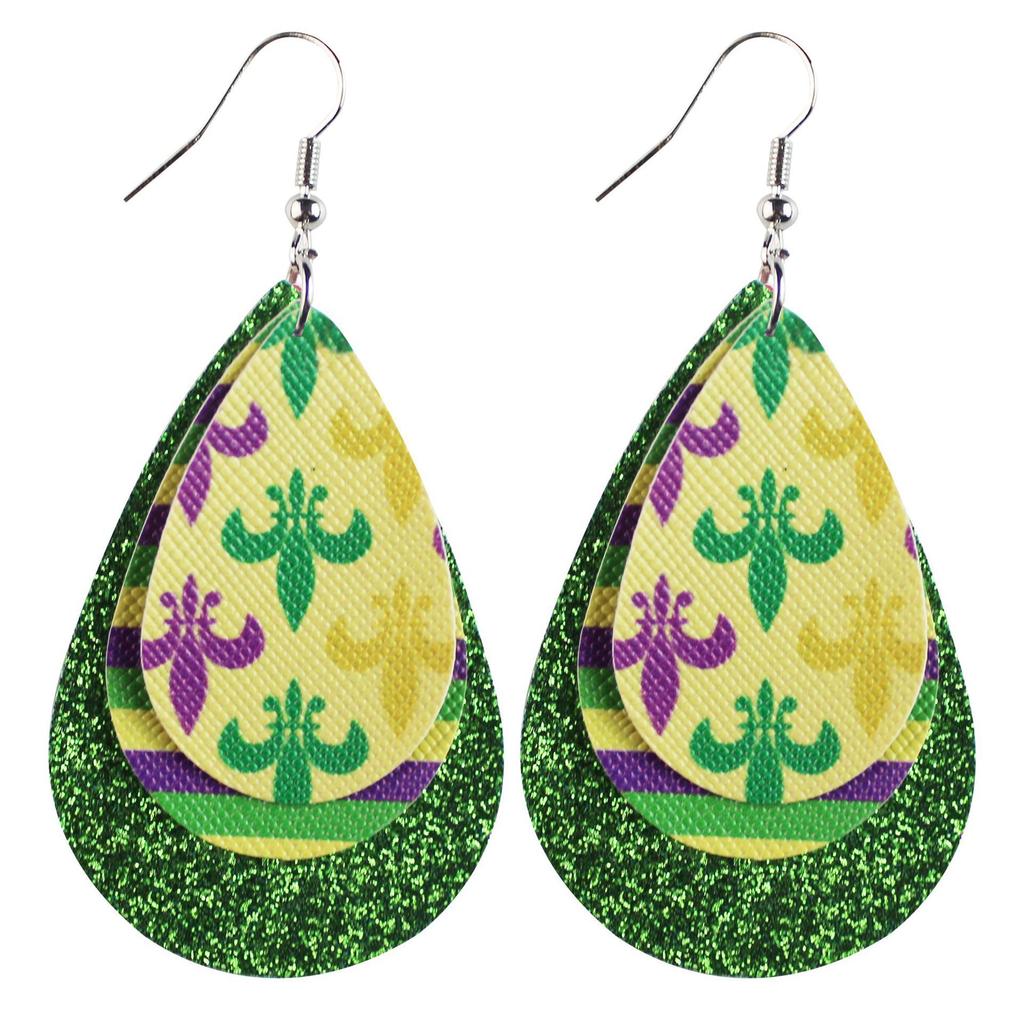 Carnival Three-Layer Leather Earrings, Cross Pattern Single-Sided Printing Scallion Powder Fine Powder Water Droplets Leaves