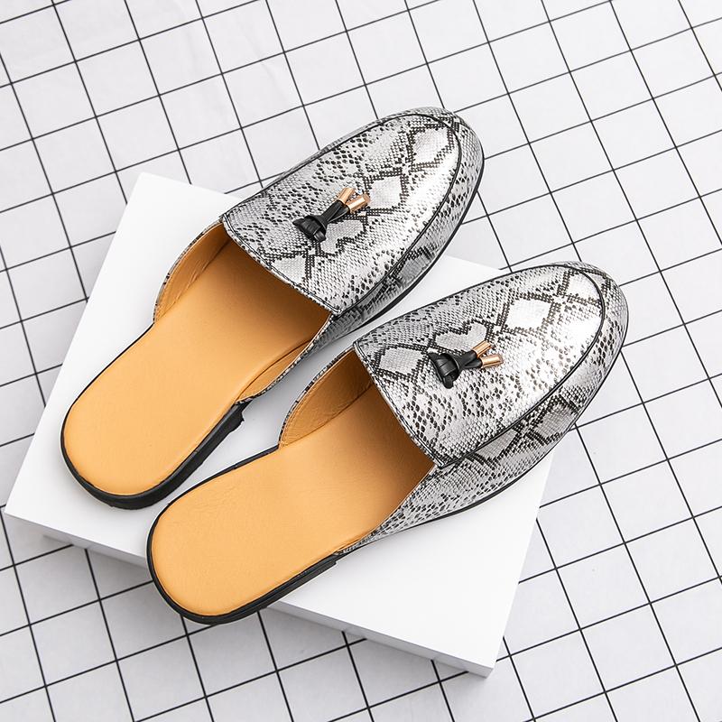Fashion Men's Summer Snake Print Large Size Loafers Slip-On Mule Shoes Breathable Casual Leather Sandals Comfortable Flats Slippers